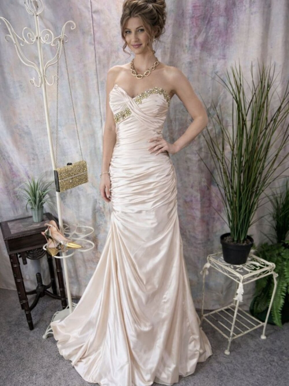 📌Night Moves Stunning Gold Beaded Rushed Prom - Pageant - Formal Gown w/ Train